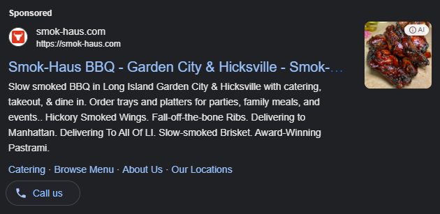Live Google Search advertisement for Smok-Haus marked Sponsored, showing the restaurant image, ad copy and a Call Us button.